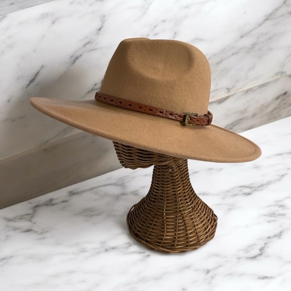 Wool Tan Fedora, Western, Fall, Winter Hat with Brown leather belt band. - Picture 2 of 13